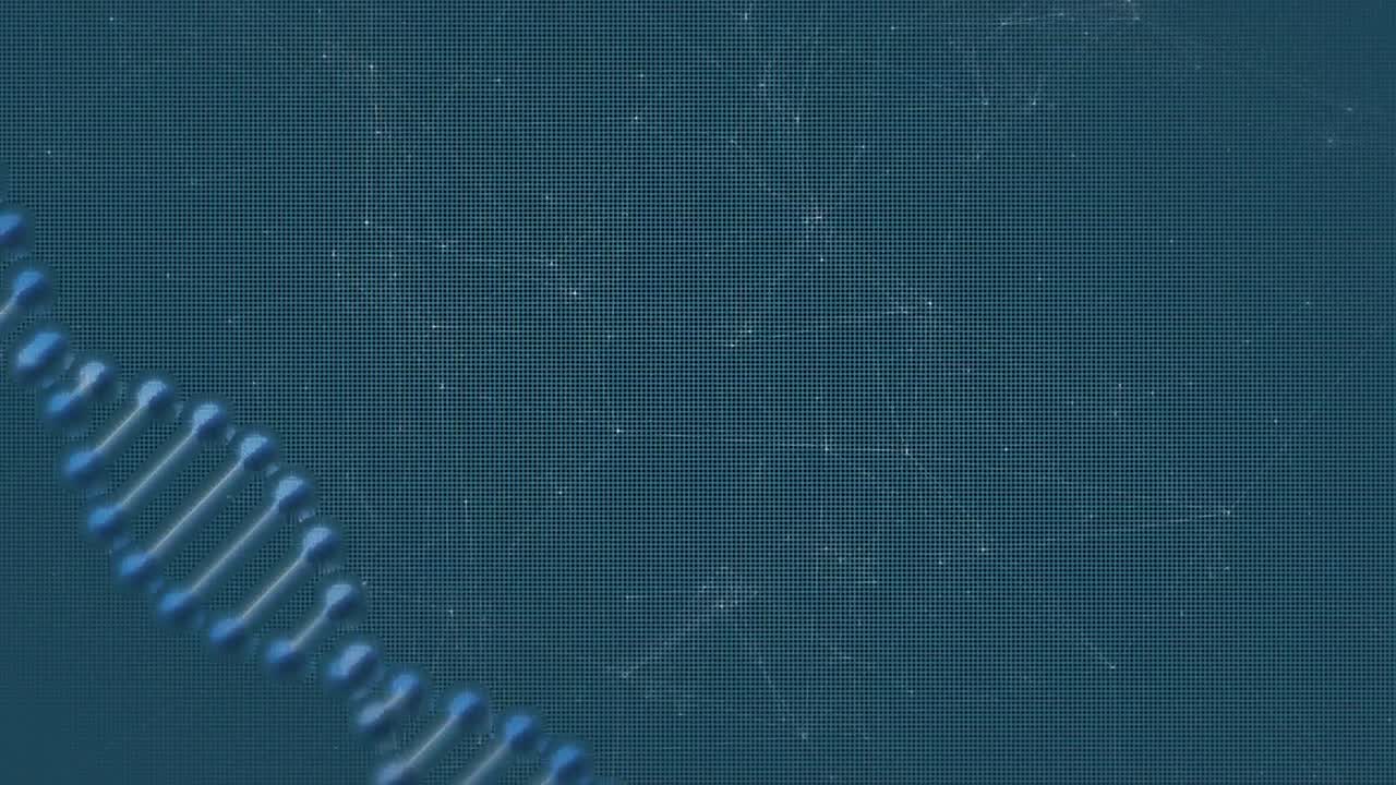 Animation of a  DNA strand rotating with network of connections on blue background