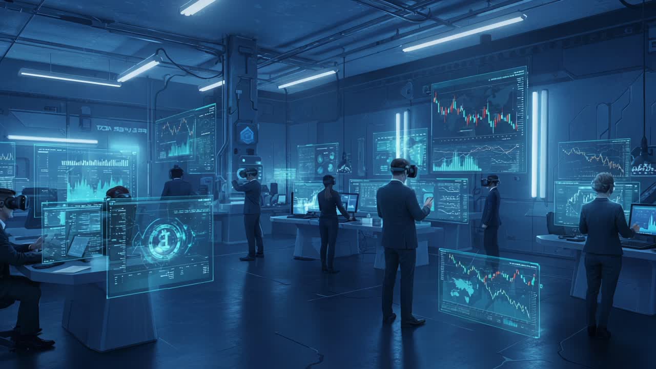 Futuristic Virtual Workspace with Data Visualization: Professionals Analyzing Digital Charts and Trends in a High-Tech Environment Using VR Technology