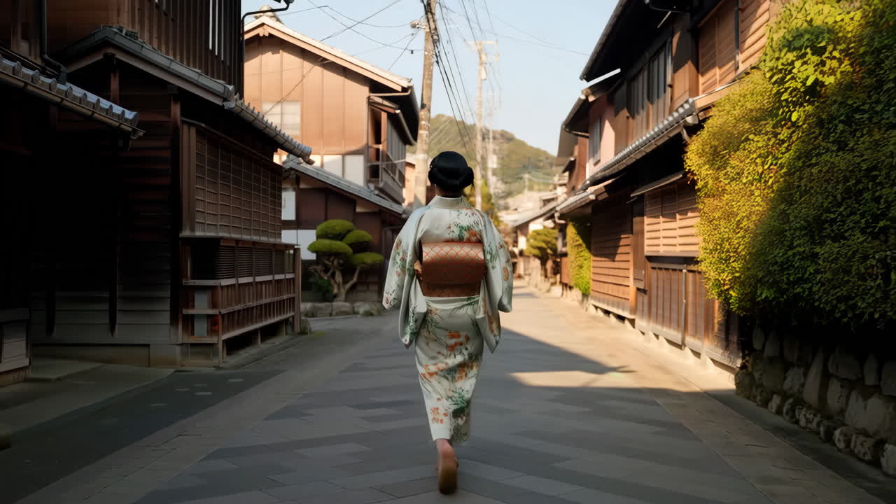 Woman in Kimono Walking Through a Traditional Japanese Street