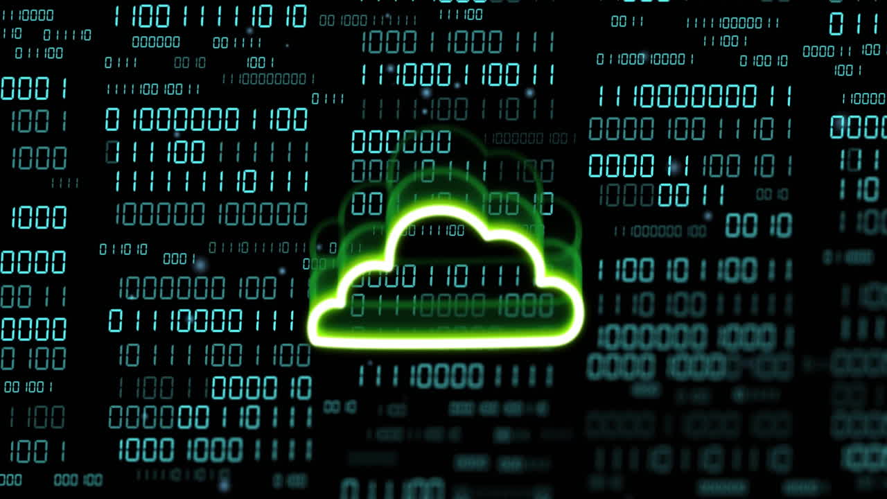 Cloud computing animation over binary code background in digital space