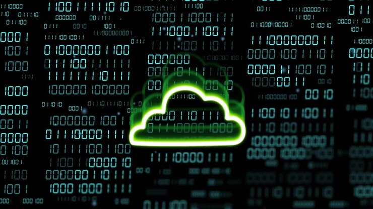 Cloud computing animation over binary code background in digital space