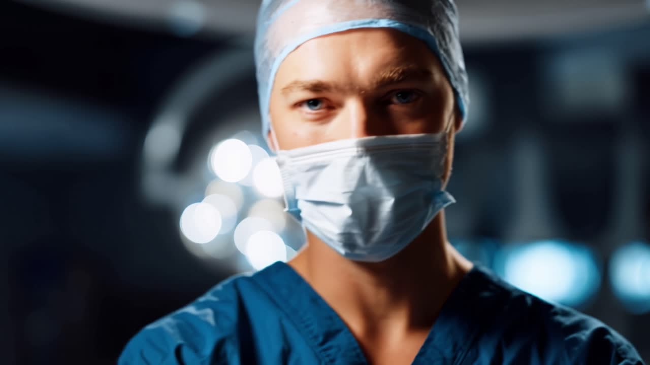 Chirurg staat onder operatielampen. Haar geconcentreerde blik ontmoet de kijker met kalme zelfverzekerdheid. De steriele omgeving benadrukt professionele toewijding. Ideaal voor medische training of promotioneel gebruik in ziekenhuizen.