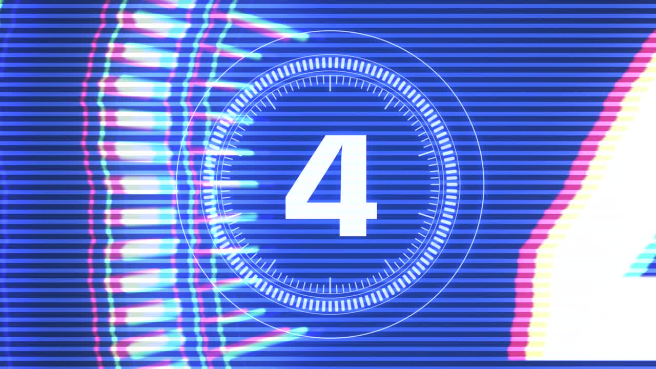Digital blue film countdown with glitch effect in futuristic style