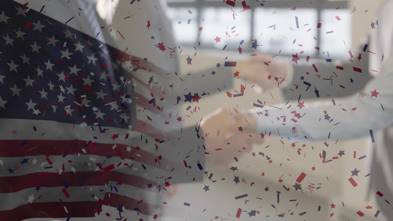 Animation of confetti falling over american flag and businessman handshake