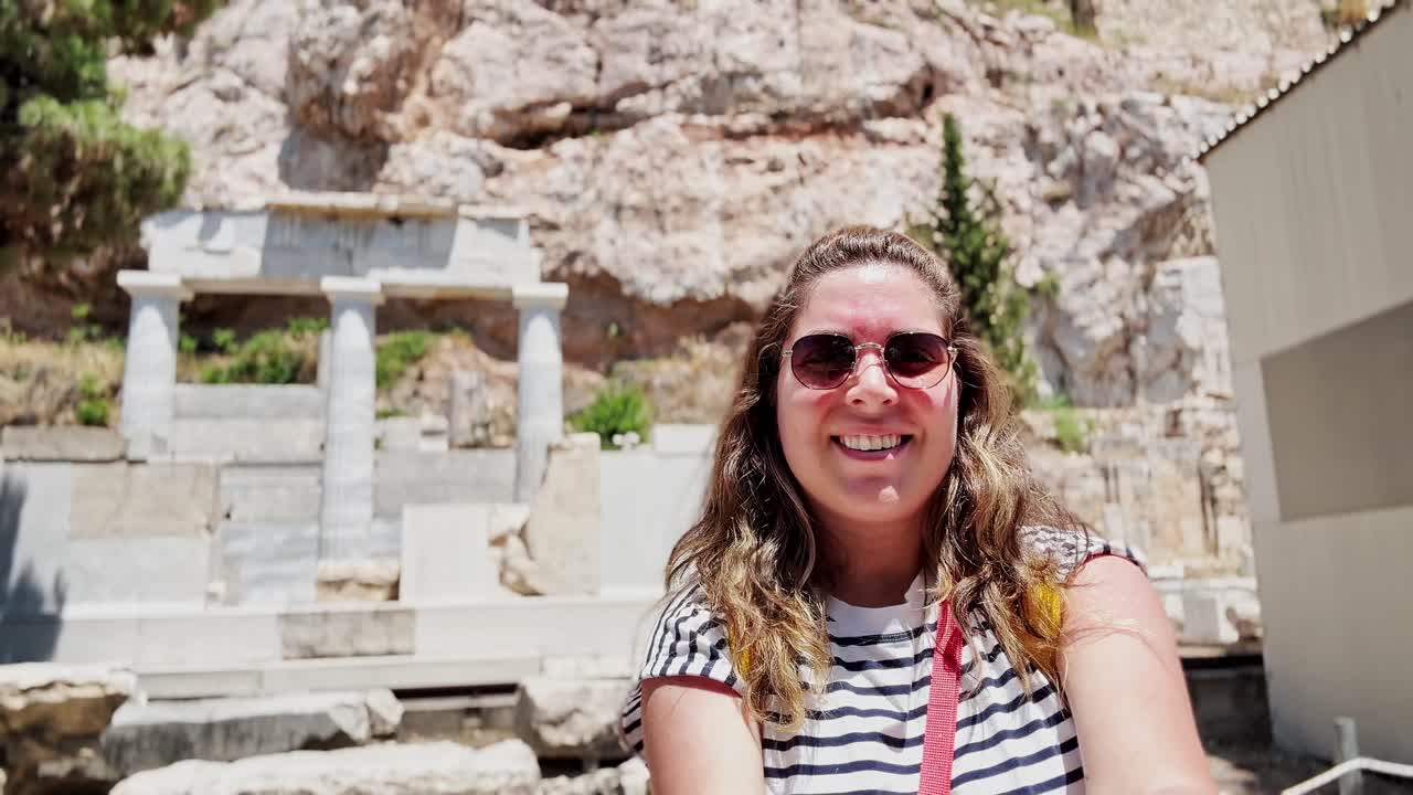 Joyful Woman's Selfie in Front of Athens Ruins, Athens, Greece