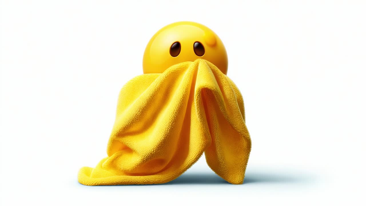 A cheerful yellow emoji hiding playfully behind a soft towel, showcasing a delightful mix of emotions and playful curiosity, perfect for expressing feelings of joy and comfort