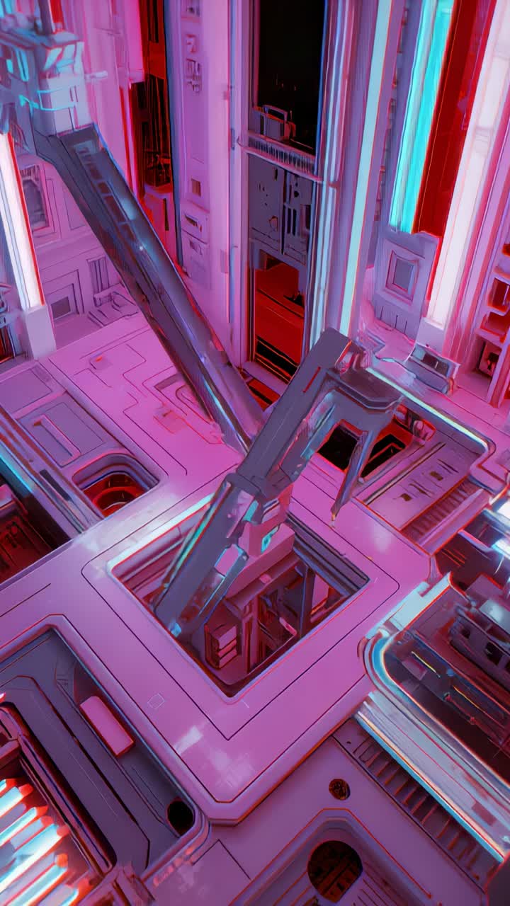 Vertical video: Routine moving robot arm lowering tool into hatch at service bay, cyan or magenta gl