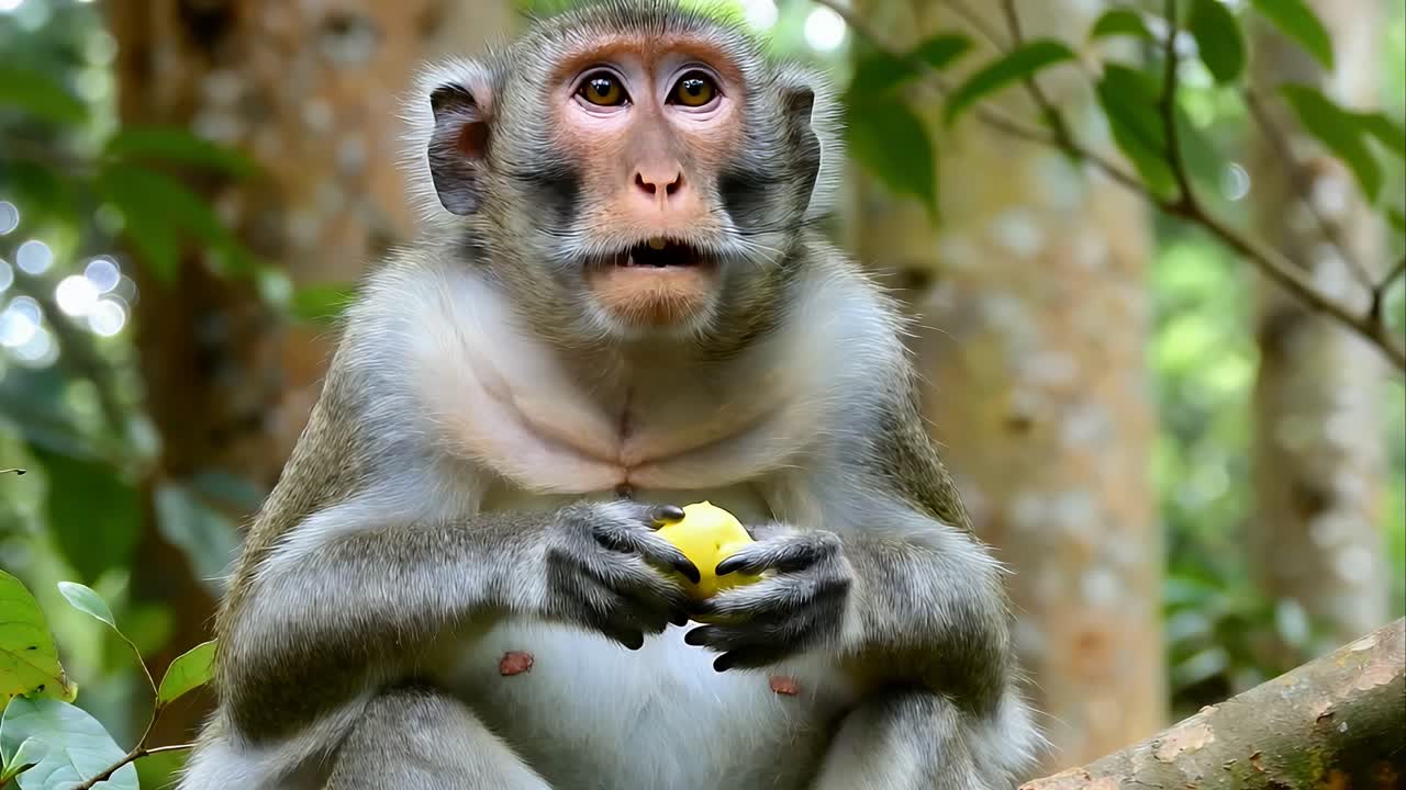 Surprised Macaque Monkey Eating a Yellow Fruit in a Tree