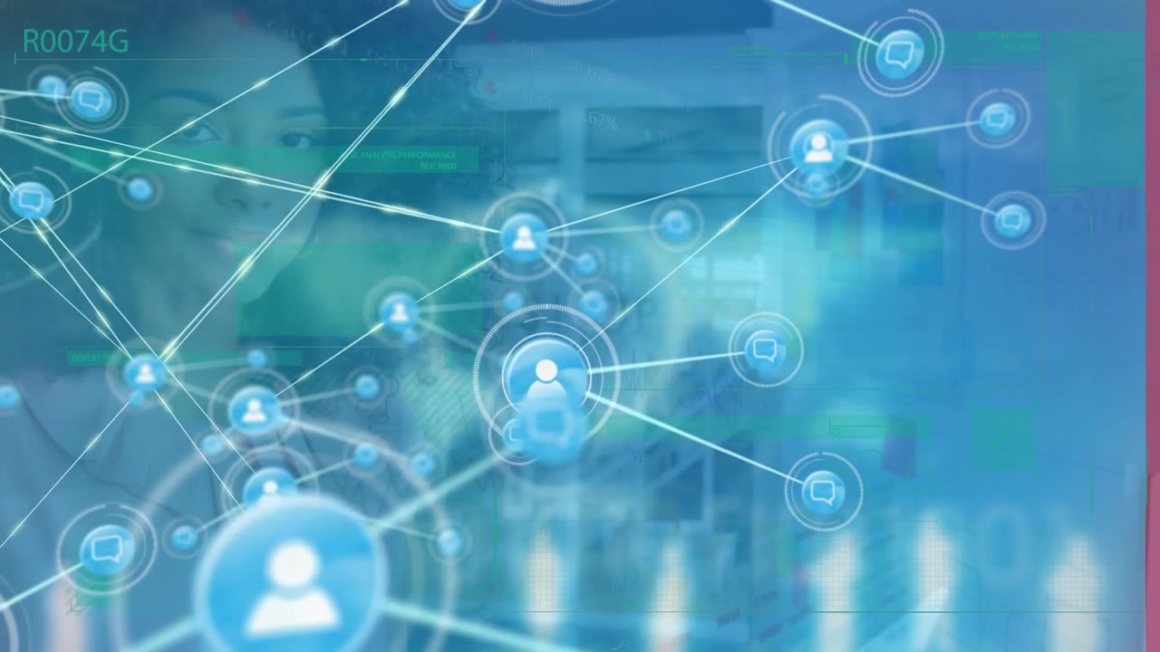 Woman with Laptop and Animated Digital Network of User Icons
