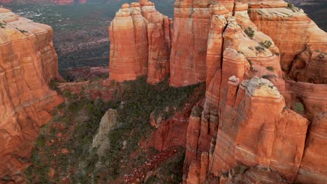 close up aerial view helix reveal of cathedral rock in sedona at sunset