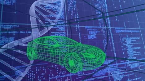 animación del procesamiento de datos sobre el coche digital sobre fondo azul