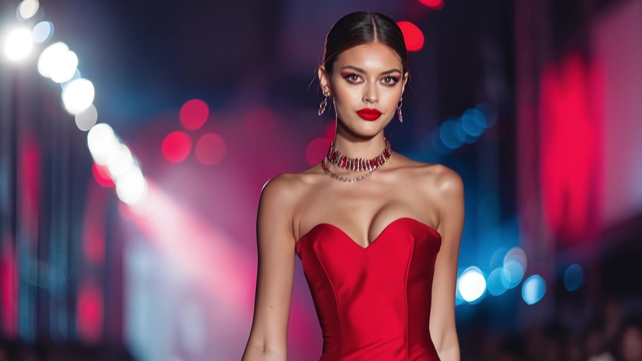 Modella affascinante che sfila in passerella con uno splendido abito da sera rosso