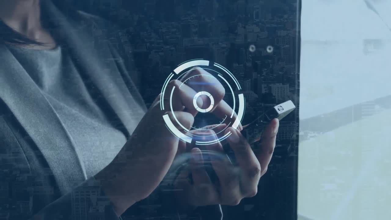 Animation of scope scanning over biracial businesswoman using smartphone and cityscape