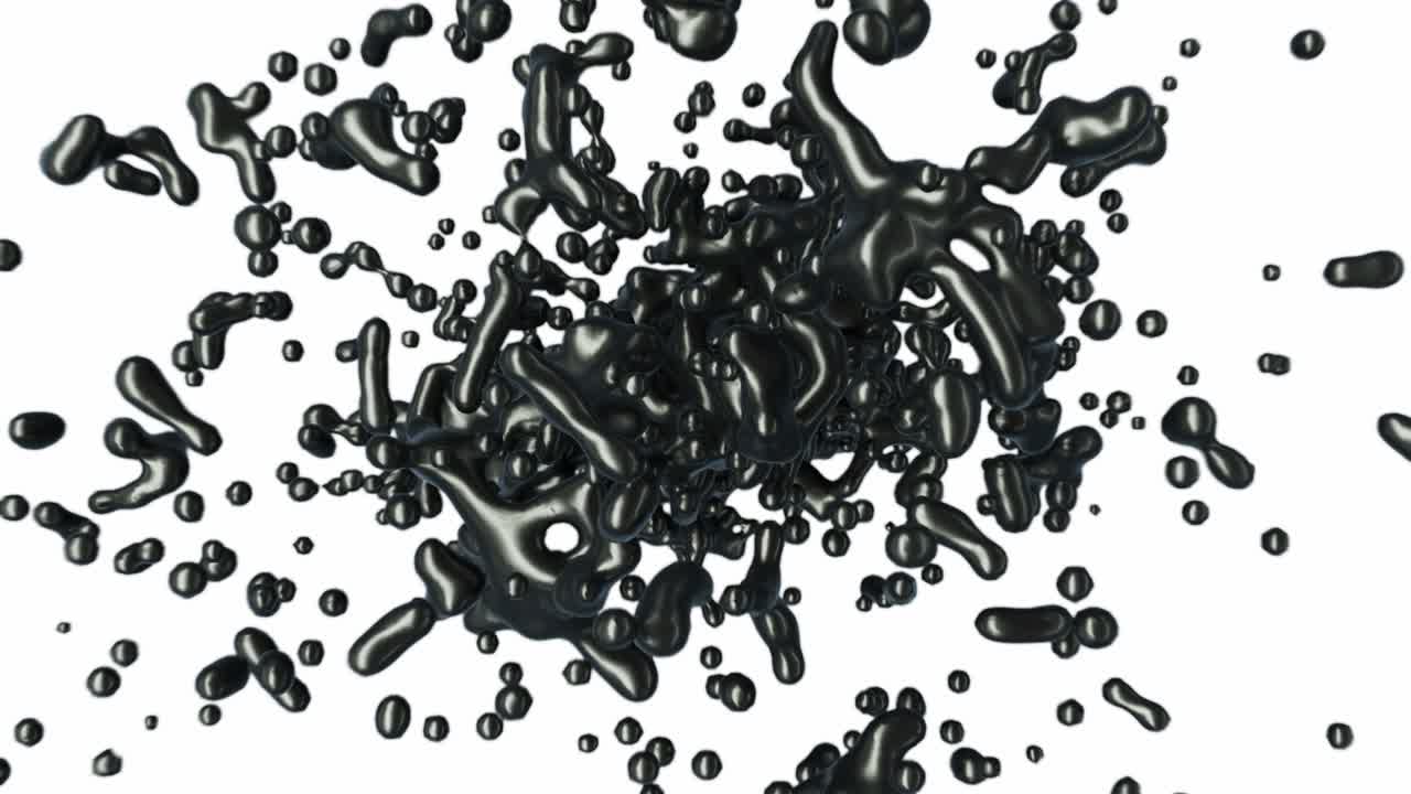 Abstract liquid black oil splashing super slow motion with droplets on white background. 3d illustration.