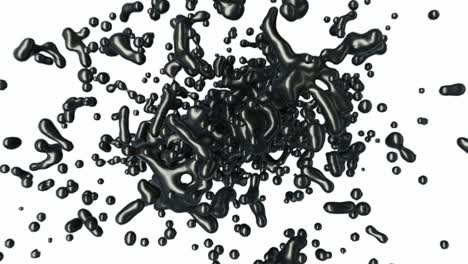 líquido abstracto de aceite negro salpicando en súper cámara lenta con gotas en fondo blanco. ilustración en 3d.