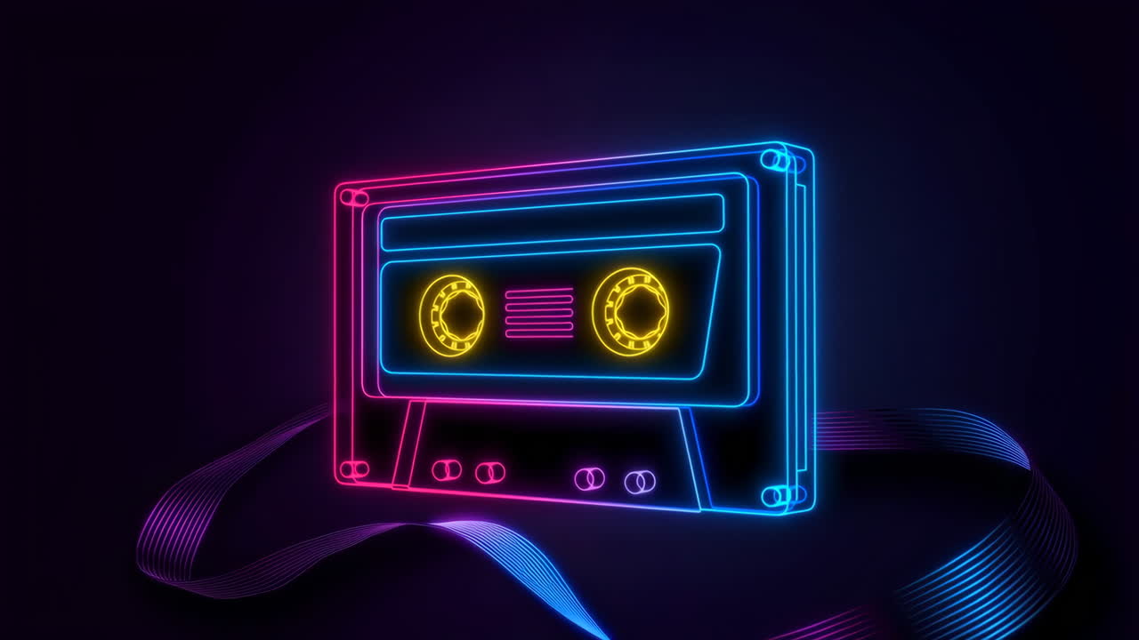 Cassetta a nastro al neon con nastro luminoso - Stile Retro Synthwave.