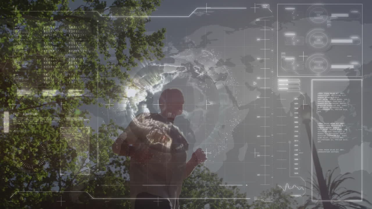 Senior man jogging under green canopy, overlaying fitness tech HUD map, grid lines, data panels