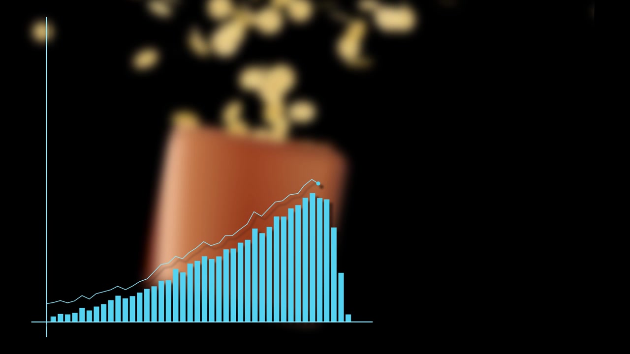 Le monete d'oro cadono in un portafoglio di pelle marrone mentre un grafico a barre blu sale costantemente.