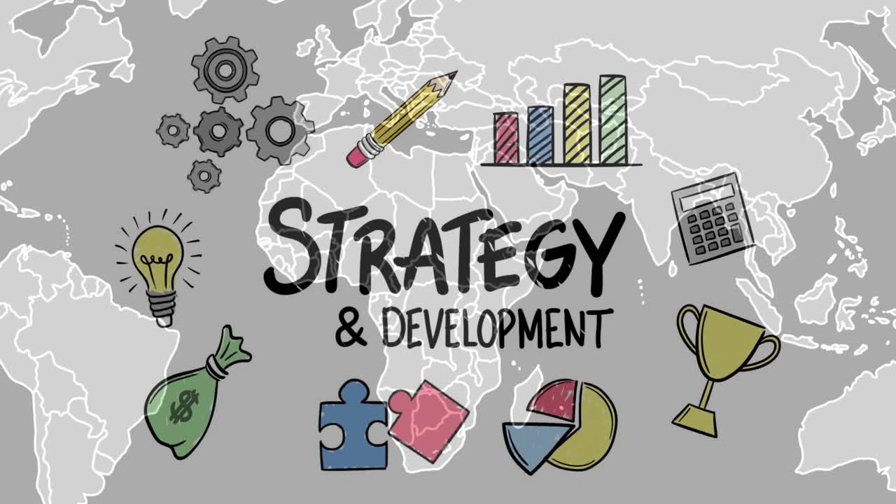 회색 배경의 세계 지도 위에 아이콘으로 전략과 개발의 애니메이션