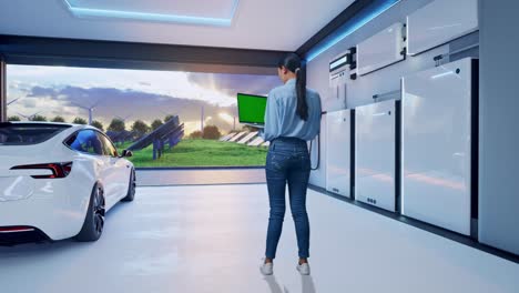 full body back view of asian female with home energy storage system in a modern garage, typing on laptop's keyboard with green screen and look at the factory once