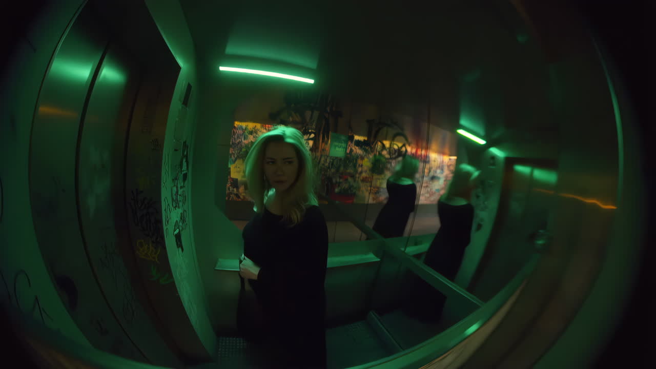 Blonde woman in a green-lit, distorted urban elevator