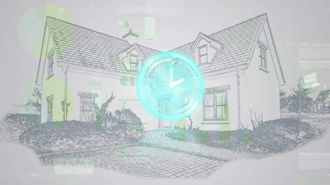 시계의 애니메이션이 빠르게 움직이고 통계 데이터 처리가 집 위에 있습니다.