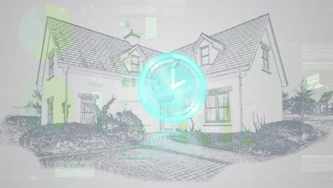 animación del reloj moviéndose rápido y procesamiento de datos estadísticos sobre la casa
