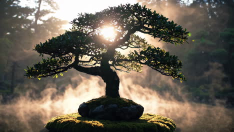 bonsai tree in misty sunlight