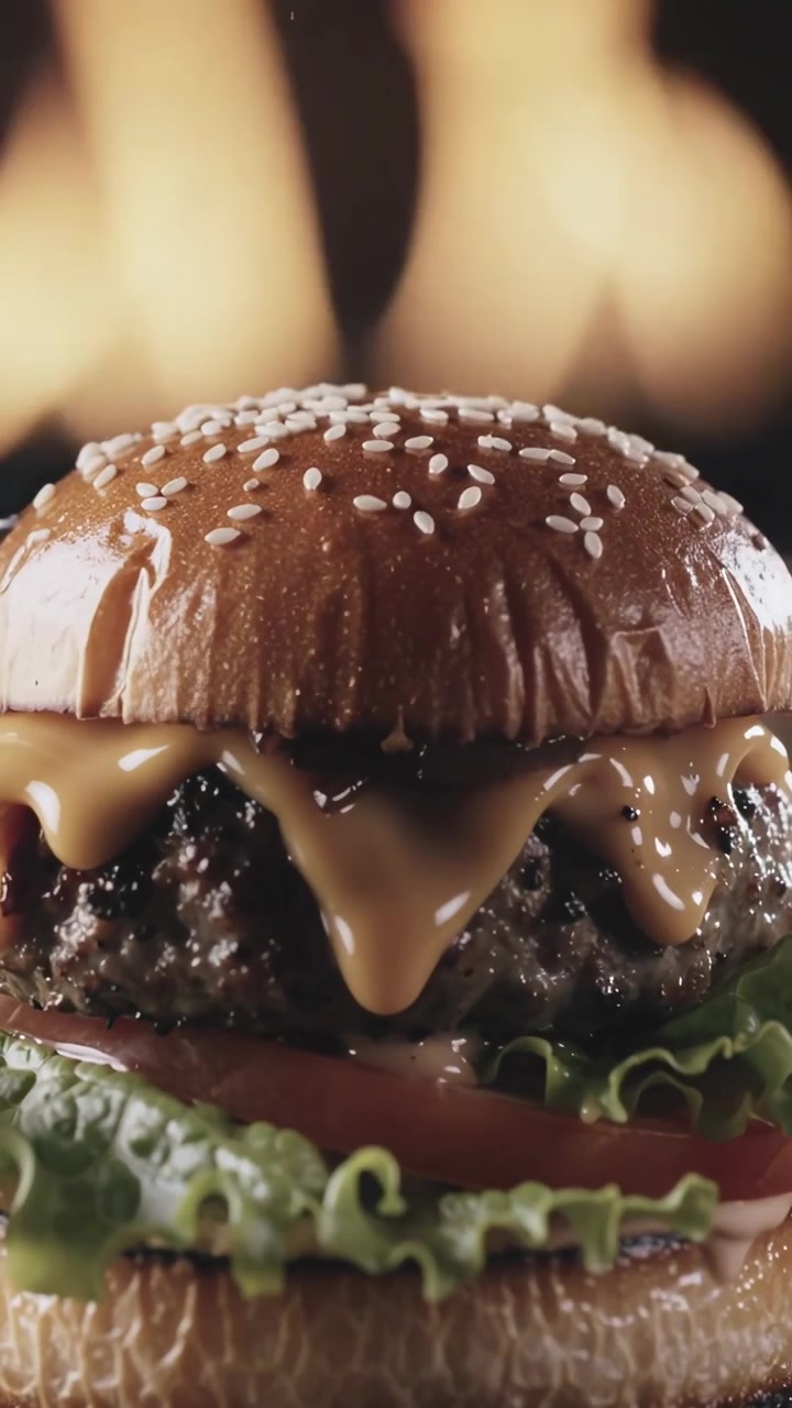 Preparazione di un delizioso hamburger gourmet con formaggio fuso e cipolle caramellate