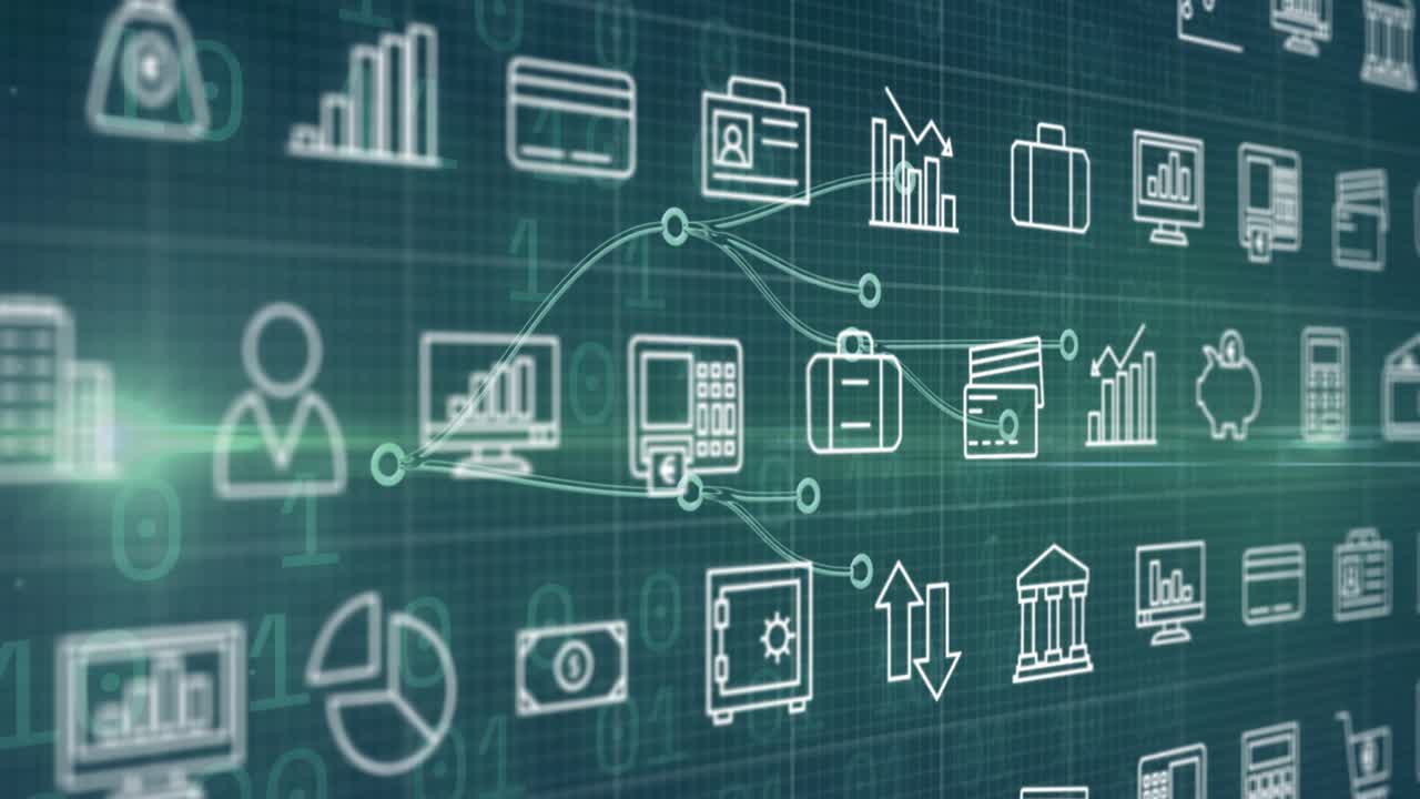 Light-flare starting sweep, icon-grid shifting, nodes pulsing, showing piggy-monitor finance-flow