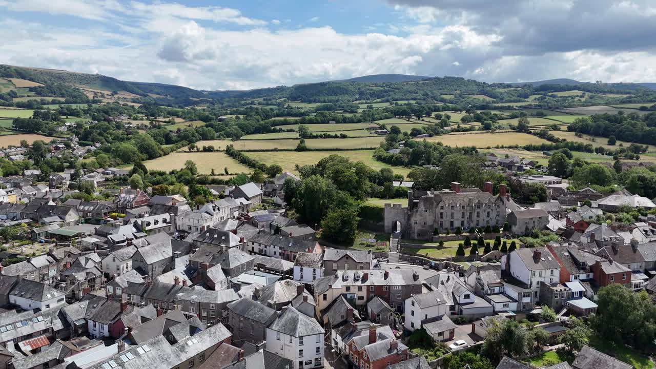 Hay on Wye Wales town centre panning drone,aerial