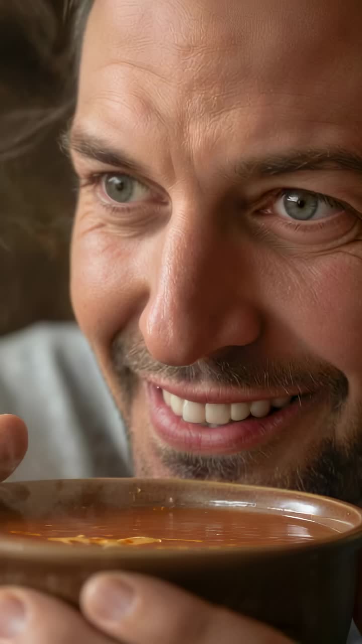 Vídeo vertical: homem de meia-idade levantando e segurando uma tigela perto do rosto no balcão de um café, saboreando o aroma da sopa
