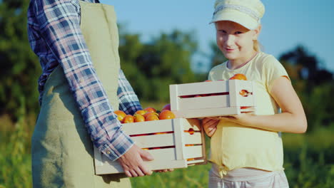 Mujer-Campesina-Con-Hija-Sosteniendo-Una-Caja-De-Tomates-De-Su-Campo-Video-4k