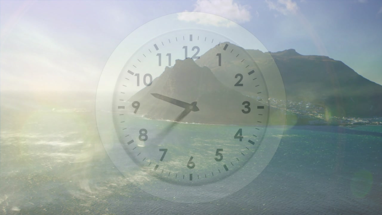 Translucent analog clock dial appearing, hands rotating clockwise, glare shifting showing time flow