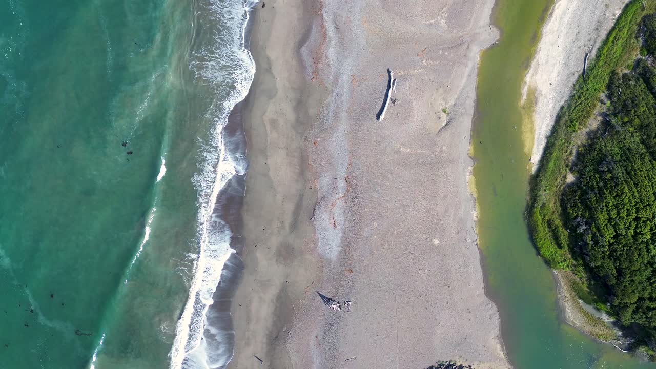 Ripresa aerea con drone delle onde dell'oceano di Cambria che si infrangono sulla costa, con un tronco d'albero su una spiaggia sabbiosa e un'insenatura naturale di laguna fluviale. California, USA. Viaggi, vacanze, turismo.