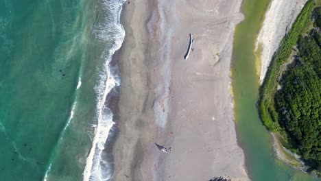 drone aerial of cambria ocean sea waves crashing on shoreline with tree trunk log on sandy beach with river lagoon nature inlet california usa america travel vacation tourism