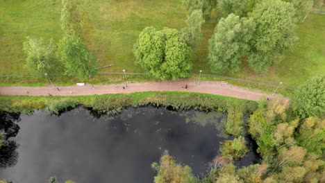 niños irreconocibles corriendo y caminando por un estanque en el parque, antena