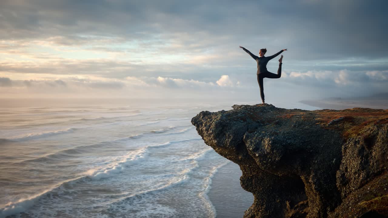 Serene Yoga Poses at the Edge of a Cliff with Scenic Ocean Waves: A Journey of Balance and Tranquility in Nature's Embrace