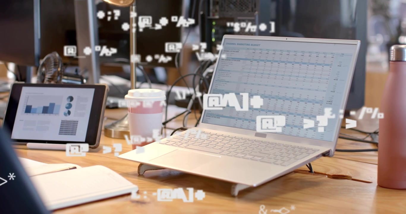 Animated glitch fragments appearing at left, floating across laptop, tablet to show data disruption