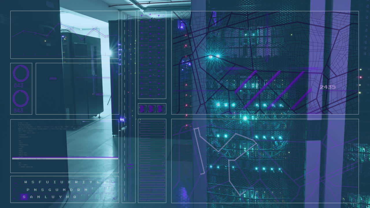 Animation of interface with data processing against computer server room