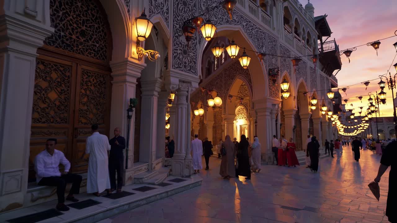 Ramadan evening unfolding within ornate arcade, Muslim community gathering and walking among illuminated lanterns, experiencing festive spiritual atmosphere of holy month