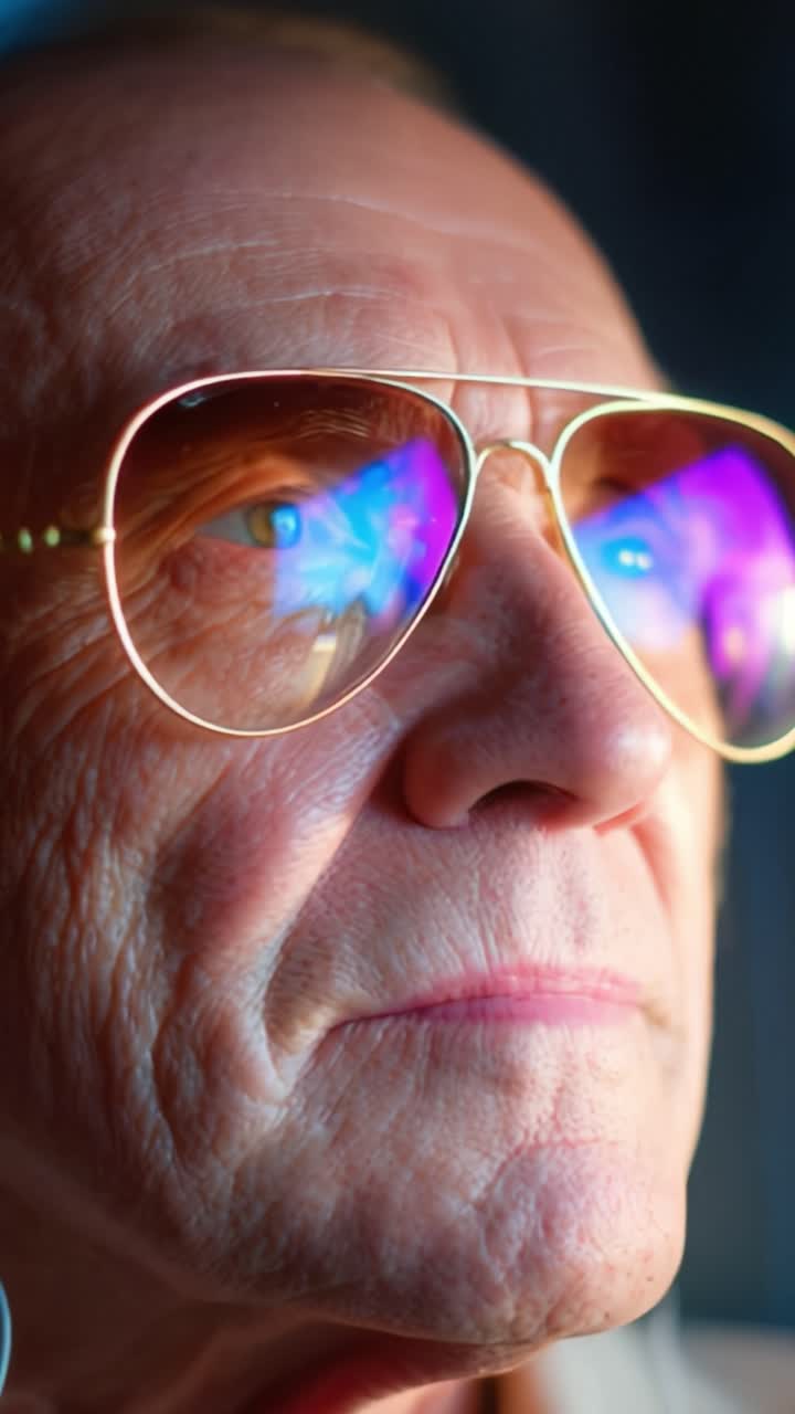 Sguardo intenso di un uomo anziano con occhiali da sole a specchio, catturato in un momento di riflessione, che mostra profonde rughe di esperienza e saggezza nella sua espressione.