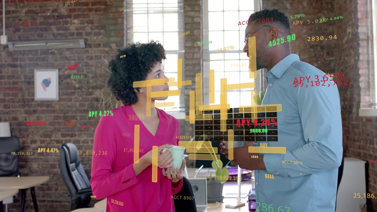 Woman sipping mug while man explaining, causing animated financial charts over scene for APY review
