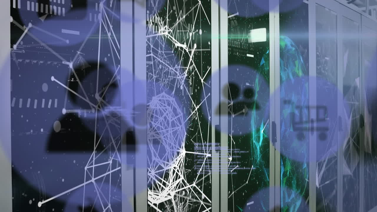 Animation of purple circles with social icons over a room made of screens