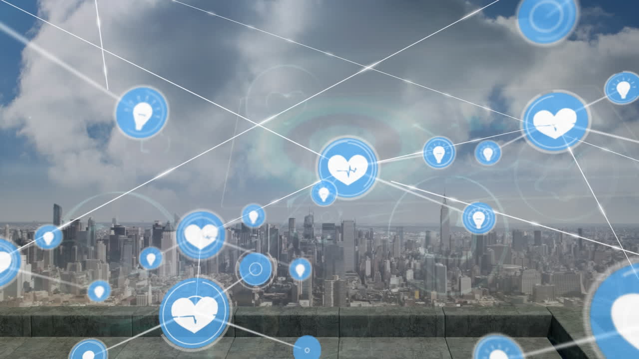 도시 풍경 위의 아이콘으로 연결된 네트워크의 애니메이션