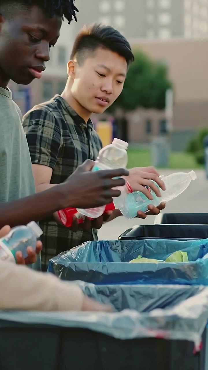 Vertical video: Getting bottles group in casual wear checking caps and depositing into recycle bins