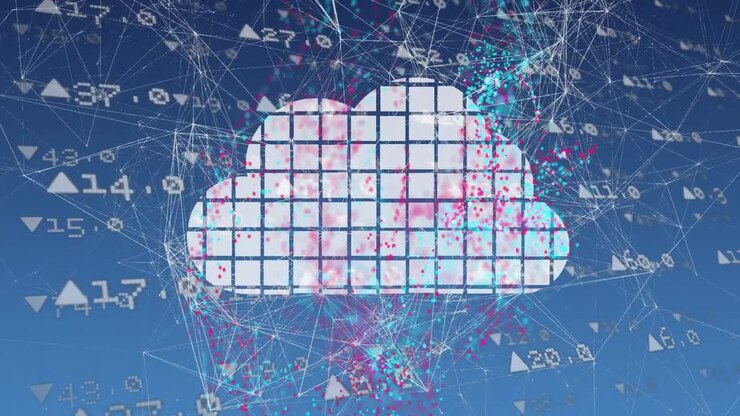 Animation of colorful spots over cloud icon and network of connections on blue background