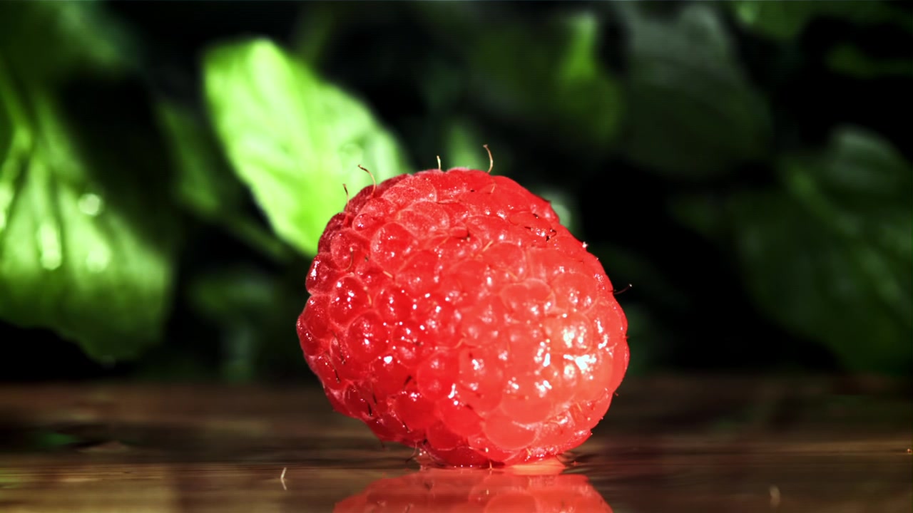 Fresh Raspberry Falling in Slow Motion onto a Wet Surface