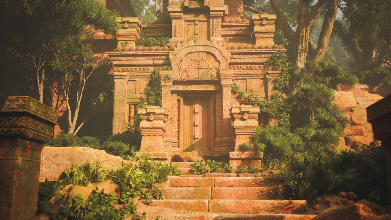 Ancient religious area adorned with rich foliage and timeworn etchings