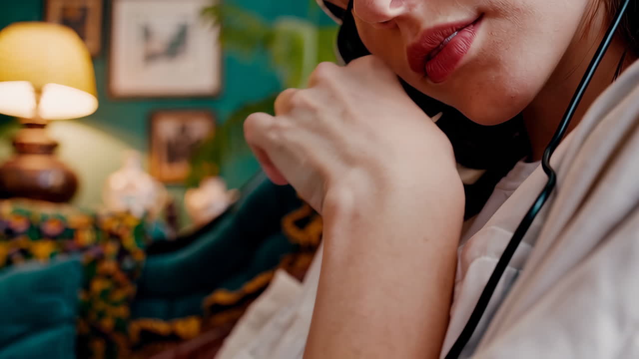 Woman Relaxing with Headphones in a Cozy Living Room